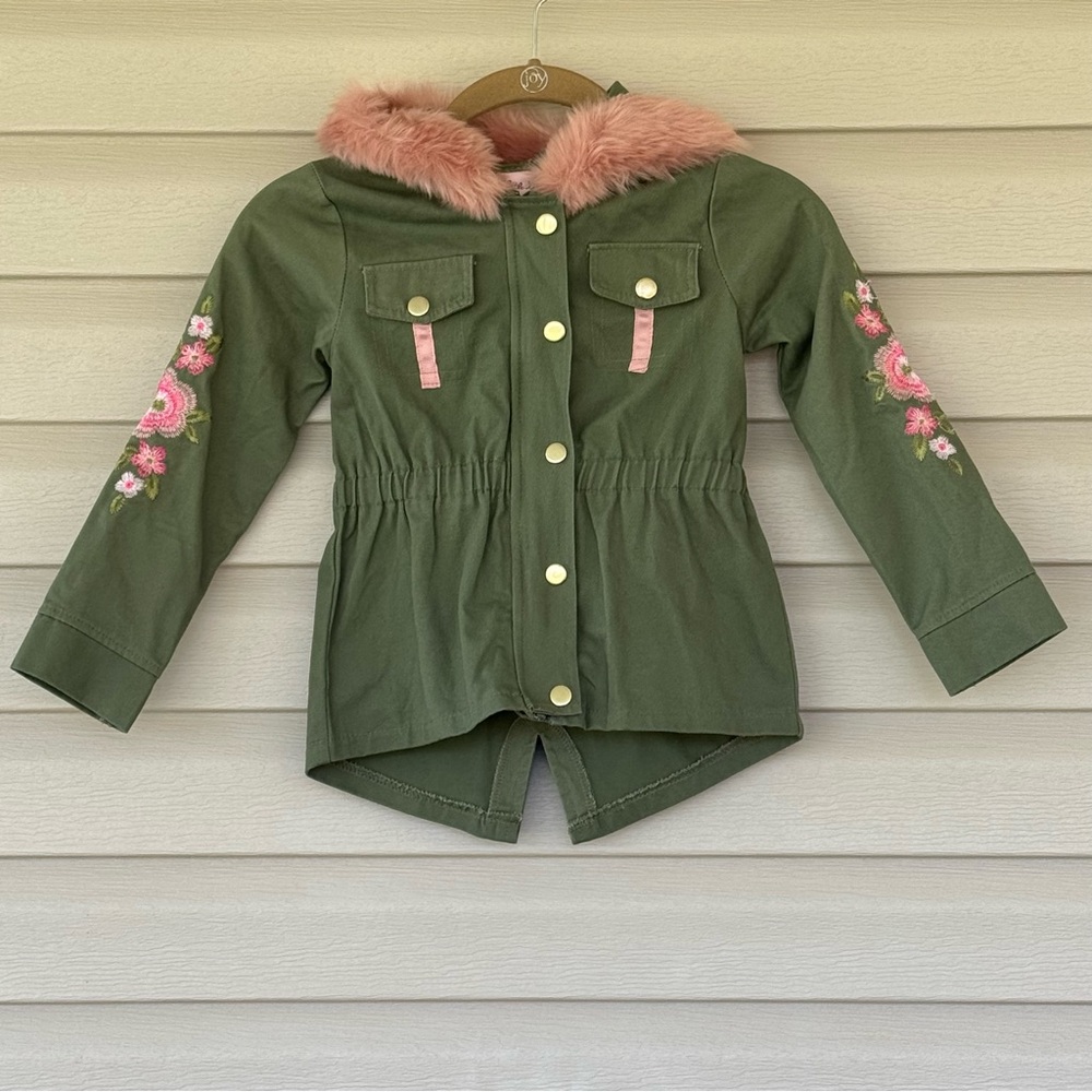 Little Lass Girls Olive Green Floral Embroidered Hooded Jacket Size 5